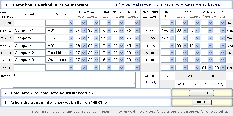 Driver's Time Sheet: Data entry and calculation page.